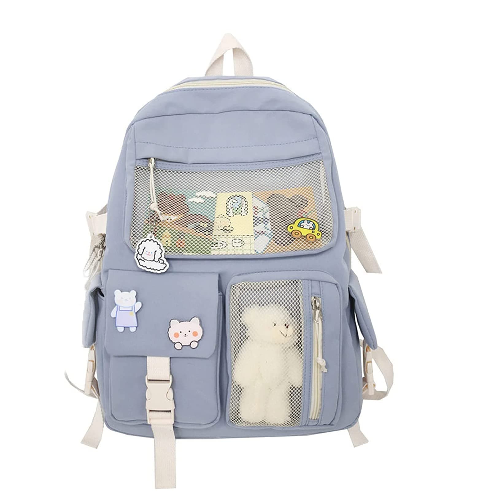 Cute Backpack with Cute Pin Accessories Plush Pendant for School Bag Student Girl Backpack Super-Capacity Waterproof Travel Backpack(Blue)