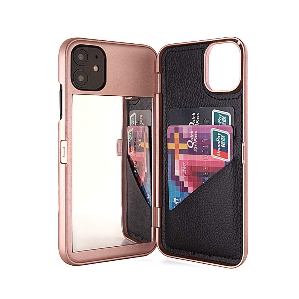 for iPhone 11 Case, Wallet Case with Kickstand Built-in Mirror Shockproof Card Holder Protective Cover for iPhone 11 6.1 Inch - Rose Gold