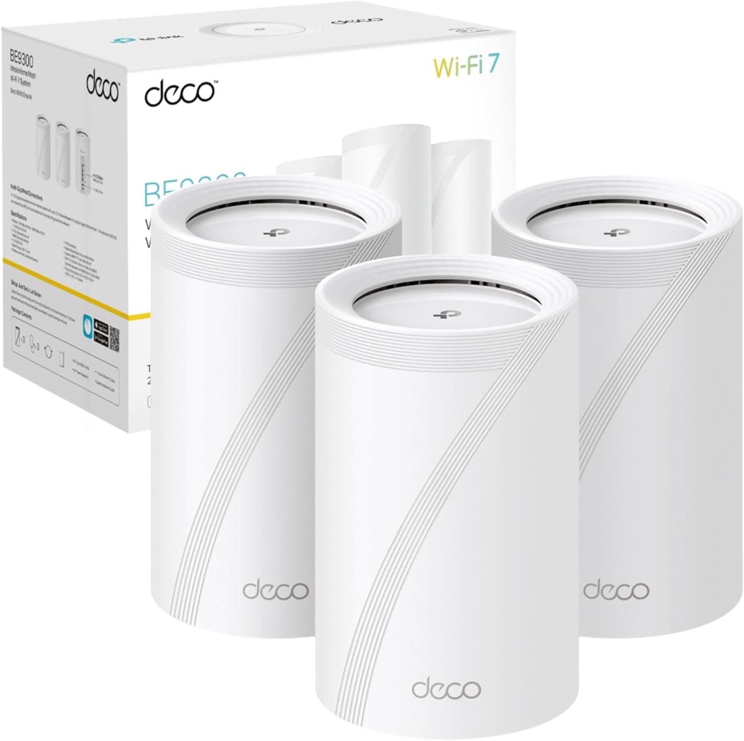TP-Link Deco BE65(3-pack) BE9300Mbps Tri-Band Whole Home Mesh WiFi 7 System, 2.5G Port, Speeds up to 9214 Mbps, AI-Driven WiFi Booster, Connect Over 200 Devices, Ideal for Gaming&4K, Easy Setup