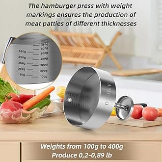 AMOZO Burger Press with Patty Maker100-Sheet Baking Paper, Stainless Steel Grill Burger Smasher Hamburger Patty Maker,Pattie Maker Shaper, Non-Stick Patty Press for Burger Lovers. (4.5 Inch)
