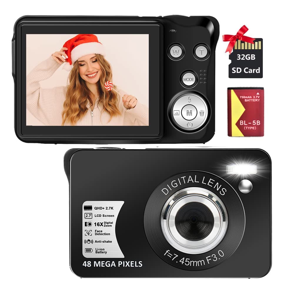 SEREE Digital Camera,2.7K 48MP Compact Camera,2.7 inch Pocket Camera,Rechargeable Small Camera for Kids,School,Children,Adults,Photography with 16X Zoom(32GB SD Card Included,1 Battery) Black we-954