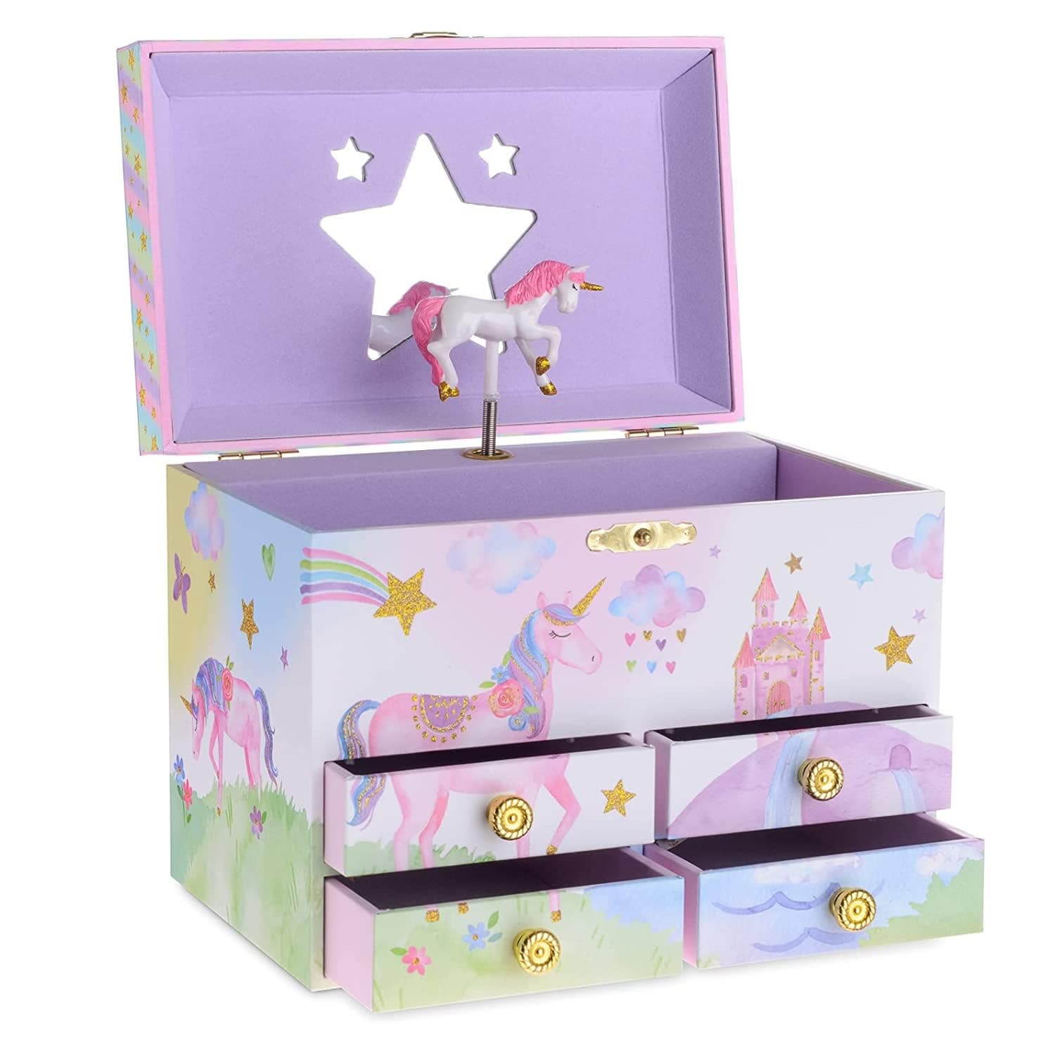 Jewelkeeper Musical Jewelry Box for Girls with 4 Pullout Drawer - Party Unicorn Jewelry Box, Beautiful Dreamer Tune & Unicorn Doll, Great Gifts for Girls & Jewelry Storage Box