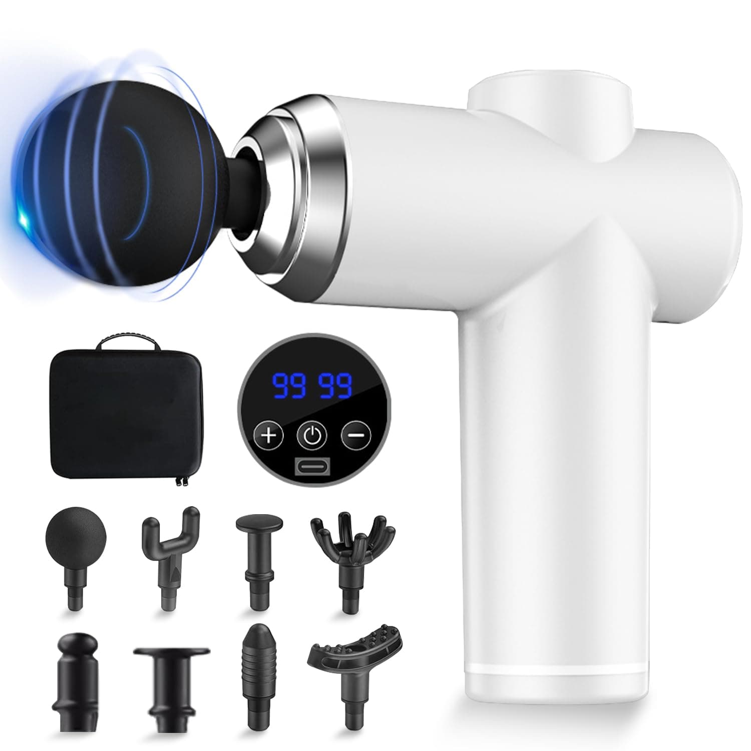 Necomi Massage Gun Deep Tissue, 99 Speeds Powerful Percussion Massage Machine with LCD Touch Screen, 8 Massage Heads, Quiet Handheld Neck Back Massager for Muscle Pain Relief（White)