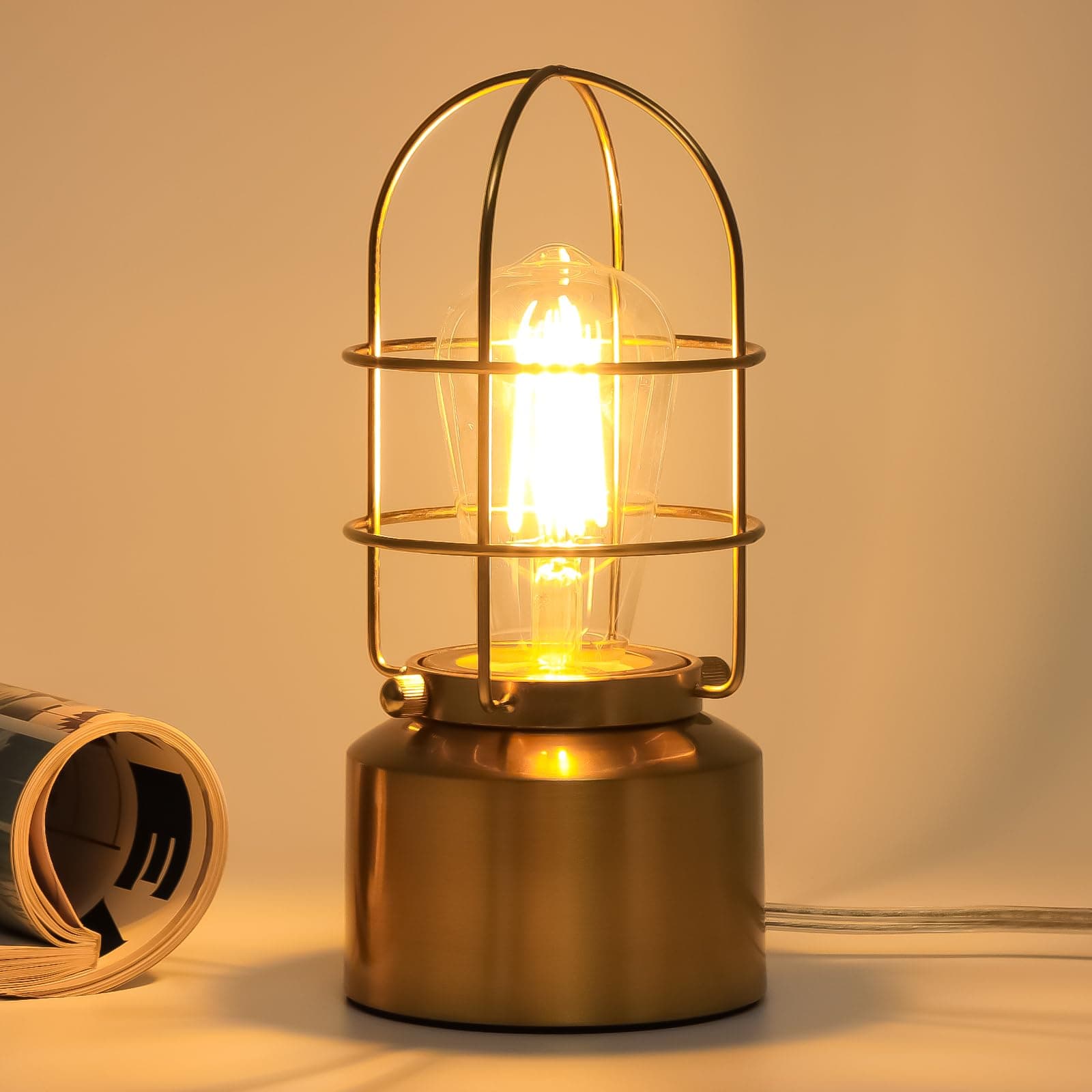 Haian Support Small Touch Gold Table Lamp for Small Spaces - 3 Way Dimmable Industrial Bedside Lamp - Steampunk Antique Nightstand Desk for Bedroom, Living Room (Bulb Included)