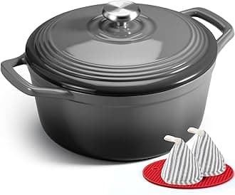 Overmont Enameled Cast Iron Dutch Oven - 5.5QT Pot with Wide Handles Lid Cookbook & Cotton Potholders - Heavy-Duty Pre-Seasoned Cookware Oven Safe to 500°F for Braising, Stews, Roasting, Bread Baking
