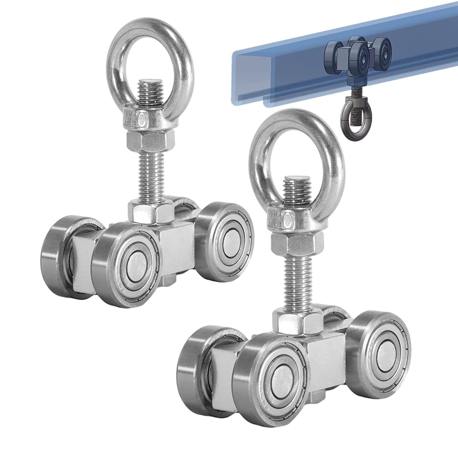 4 Wheel Silent Trolley Assembly Rollers Four Bearing Trolley Assembly for 1-5/8" Wide and All 1-5/8" or Taller unistrut Strut Channel with M10 Bolt and Lifting Eye Nuts