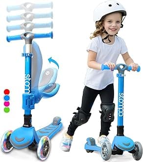 Stompa Kids Scooter for Ages 2-7, 2-in-1 with Removable Seat & Foldable, Light-Up Wheels (Battery-Free), 3-Wheel Adjustable Height Kick Scooter for Boys Girls