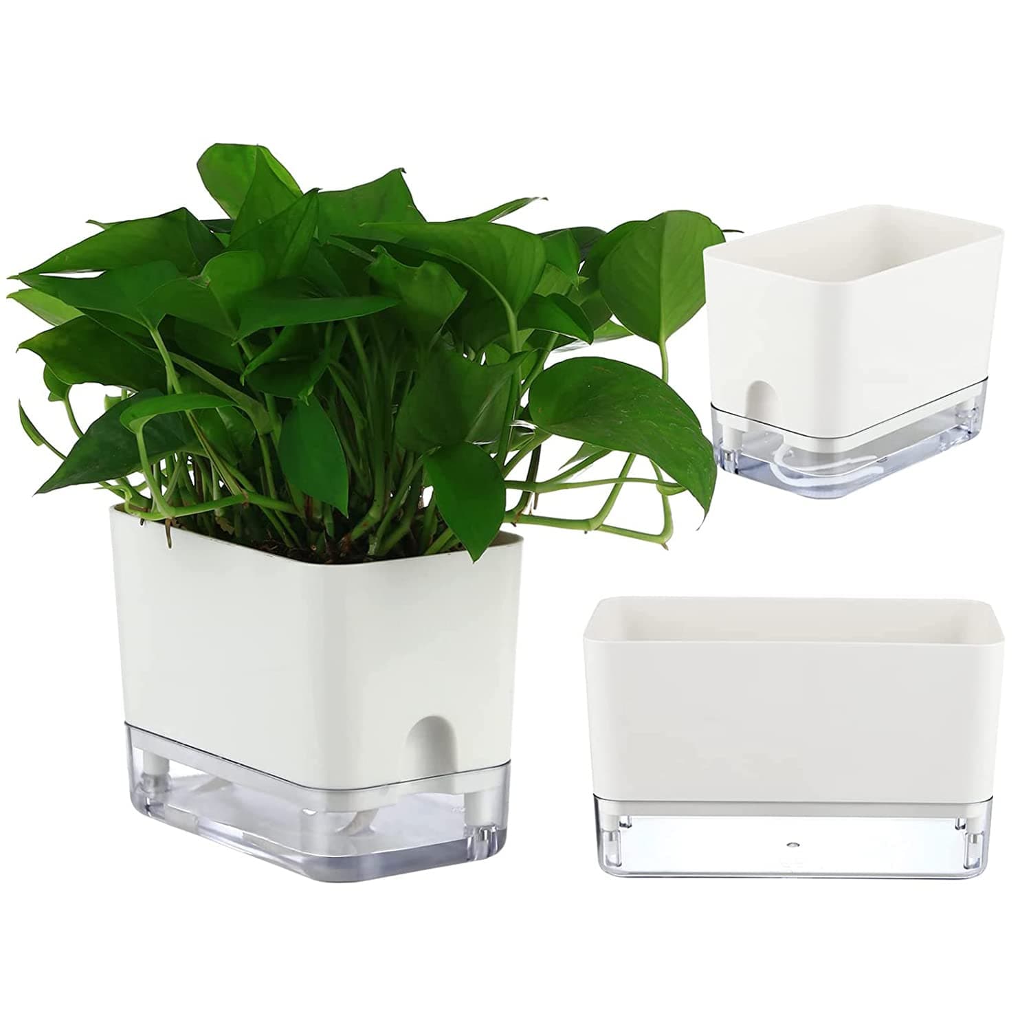 Rectangle Dual Pot Self Watering Planter, 2 Pack 10 Inch Plastic Flower Pots with Wick Rope for Plants, Flowers, Herbs (White)