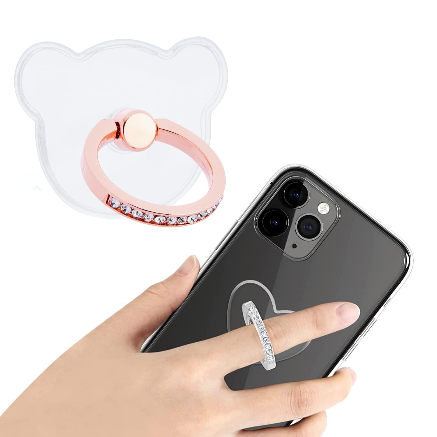 Swap-n-Snap Mobile Ring Grip | Teddy Bear-Shaped Transparent Sticker | Bling Crystal Design for Stylish Phone Grip & Stand