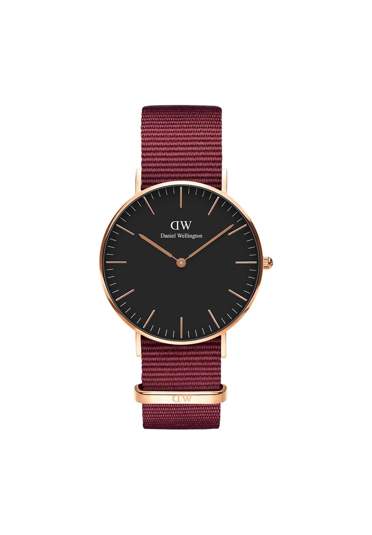 Daniel Wellington Analogue Watch (Black Dial Red Colored Strap)