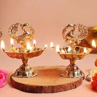The Spiritual Living Peacock Diya | Peacock Design Brass Diya | Brass Diyas for Home | Kuthu Vilakku Decoration Items for Home Decor | 3.5 Inch | Diya for Diwali | Ideal for Gifting - 2 Pcs Set