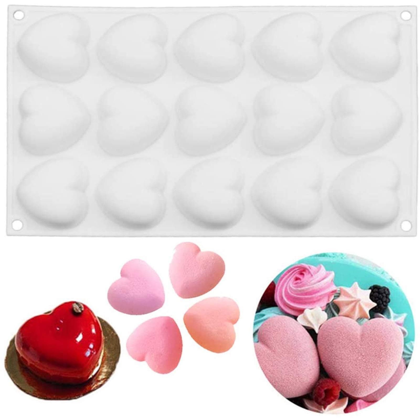 OCPO KITCHEN Mini Heart Silicone Molds for Baking Mousse Cake, Candy, Chocolate, Pastry, Truffle, Cupcake, Jelly, Cookie, Pudding, Cake Decoration Mold, 3D Heart Shape (15-Cavity)