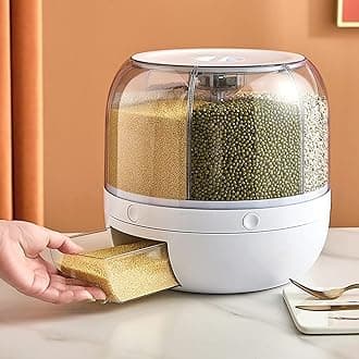 Grain Dispenser, Rotating Rice Dispenser Storage Container, 6-Compartment Dry Food Dispenser, Dried Fruit Food Storage Box, Food Storage Containers For Kitchen Small Grains, Beans, Rice, White