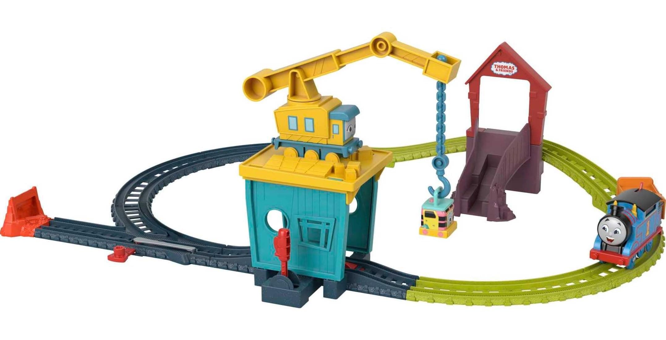 Thomas & Friends Motorized Toy Train Set Fix 'em Up Friends with Carly the Crane, Sandy the Rail Speeder & Thomas for Preschool Kids Ages 3+ Years ​