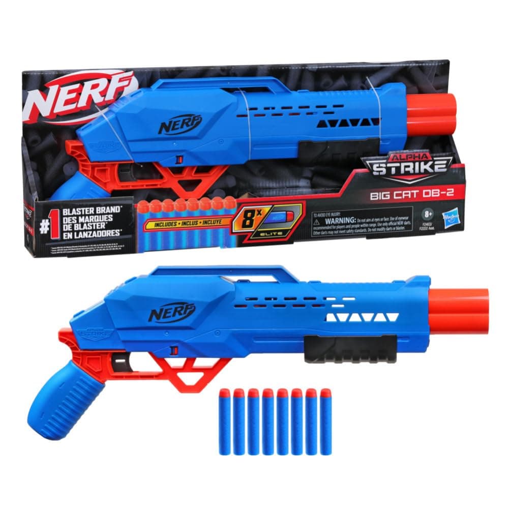 Nerf Alpha Strike Big Cat Db-2 Blaster,Double-Barrel Blasting, Fires 2 Darts in A Row,Includes 8 Official Nerf Elite Darts,Multicolor, Birthday Gift for Kids