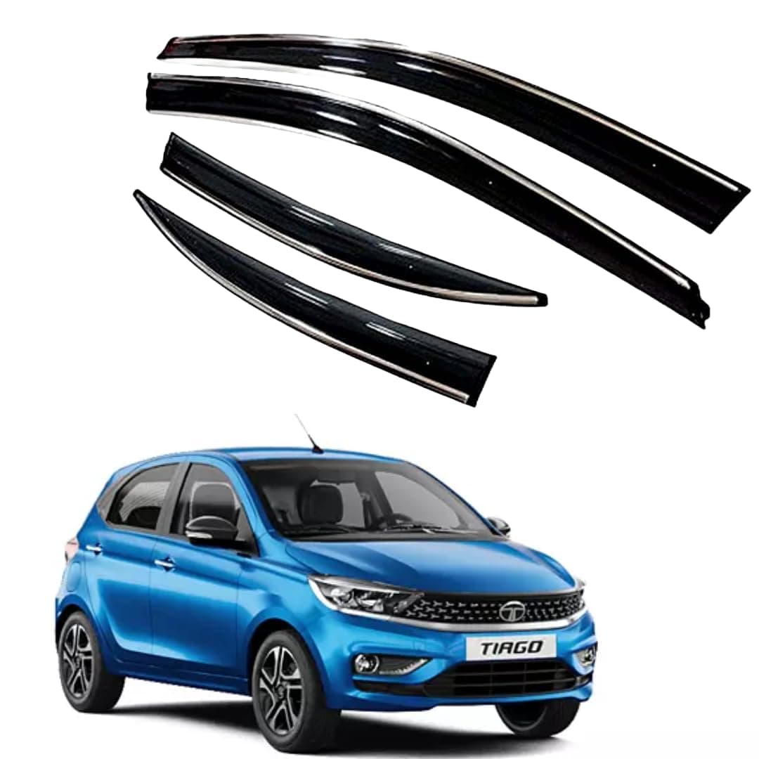 ROYALTECH Premium Chromeline & Silverline Unbreakable Car Rear Window Wind Deflectors & Side Door Visor Rain Guard Compatible with (Tata Tiago (2020 Onwards))