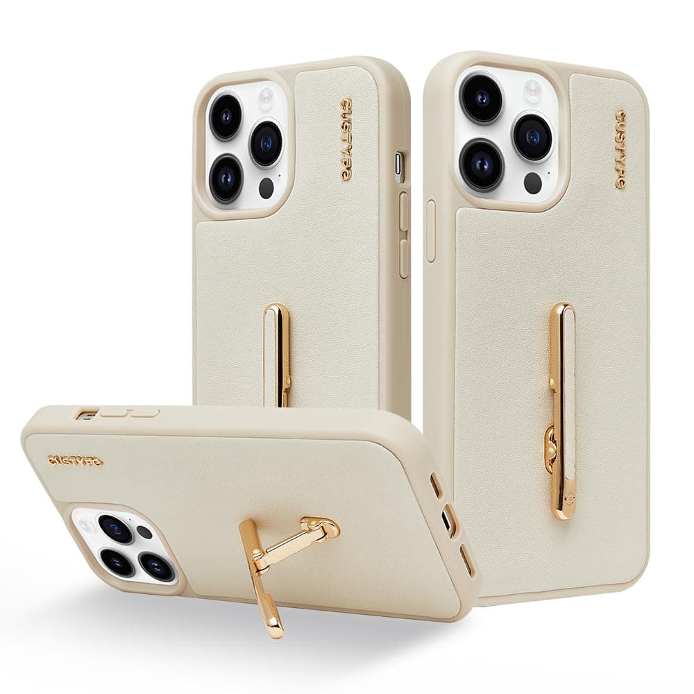 C CUSTYPE for iPhone 15 Pro Case with Stand, Compatible with Wireless Charging, [2-Way Stand] Metal Kickstand,Women Leather Shockproof Protective Case for iPhone 15 Pro 6.1 inch（Beige）