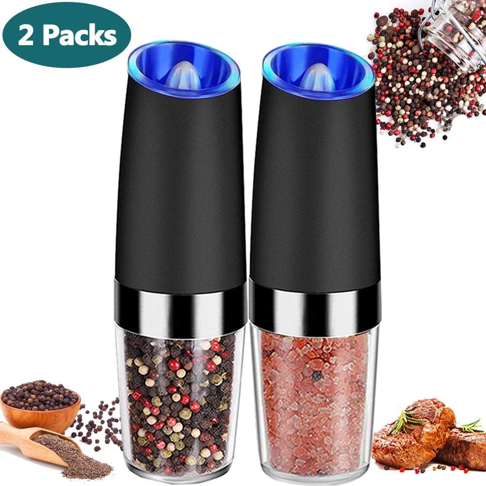 Electric Salt and Pepper Grinder Set, Gravity One Hand Operation Pepper Shakers with LED Light, Automatic Battery Operated Salt Mill for Sea Salt, Black Peppercorn
