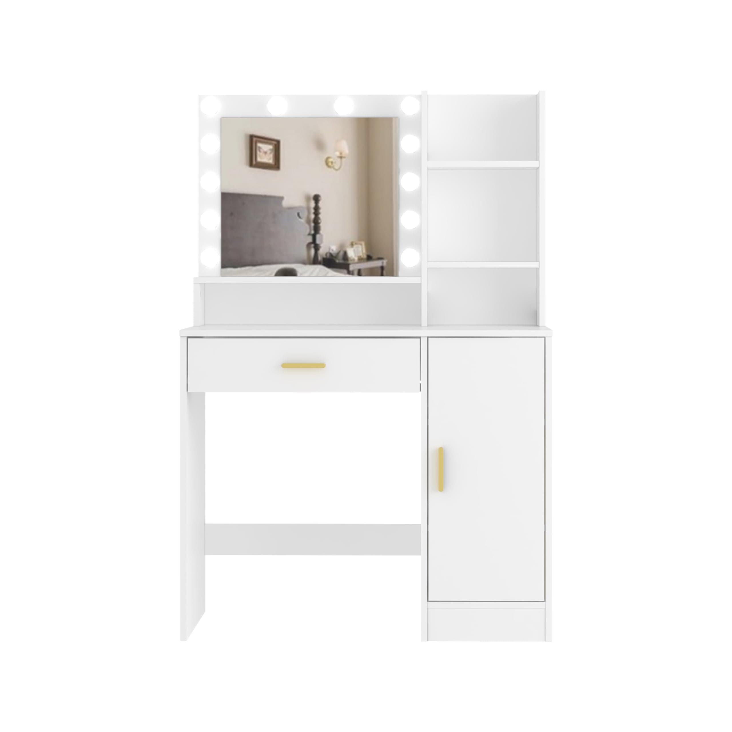 Panana Vanity Desk, Vanity Mirror with Lights and Table Set with 1 Big Drawers, 1 Cabinet & 4 Shelves Makeup Vanity Set 3 Lighting Modes Brightness Adjustable Dressing Table (White)