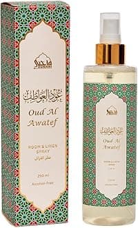 Dukhni Oud Al Awatef Attar Al Faraash | 250ml Non Alcoholic Spray | Arabic Natural Mist | Air Freshener, Room Mist, Fabric & Linen Spray | Perfect for Prayer mats, beds, sofas, curtains | Halal