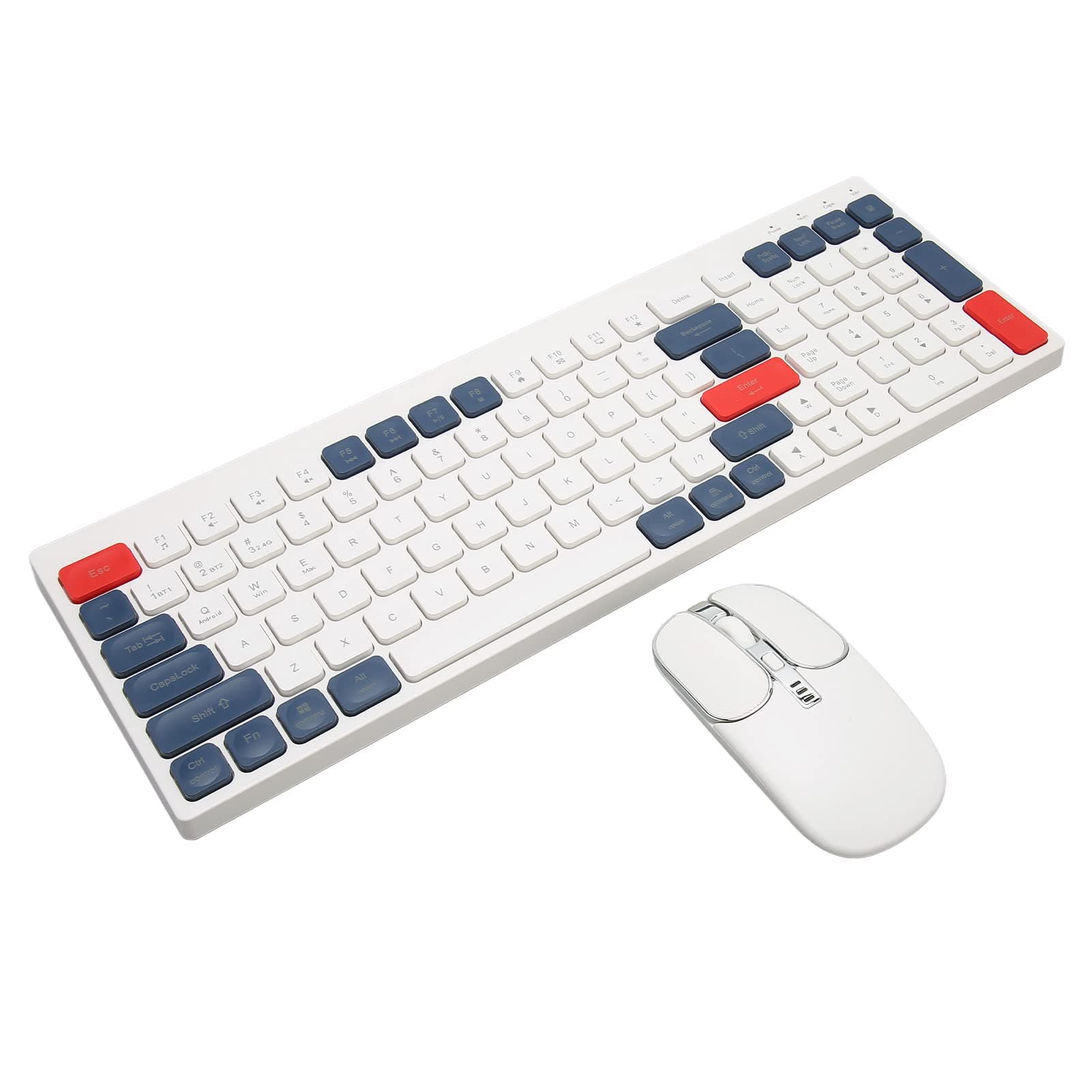 Bewinner Wireless Bluetooth5.0 Keyboard Mouse Combo, 104 Keys, Quiet Clicks, 1600DPI Wireless and BT Dual Modes Rechargeable Keyboard and Mouse Set for Tablets PC Smartphones (White Blue)