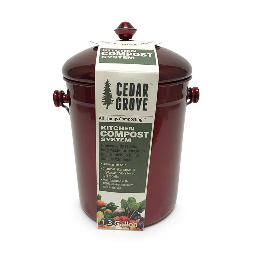 Cedar Grove Red Metallic Stainless Steel Kitchen Compost Bin, 1.3 Gallon, with Charcoal Filter Lid