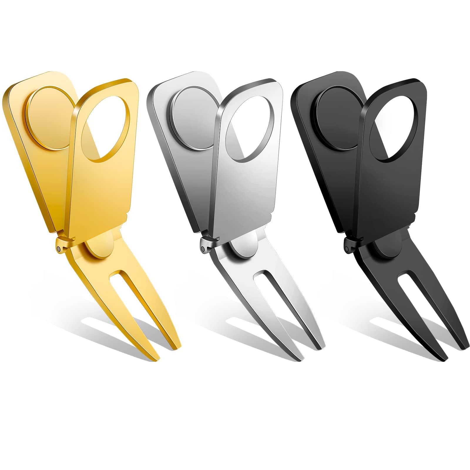 Lenwen 3 Pcs Magnetic Golf Divot Tool 3 in 1 Golf Cart Holder with Marker for Golfing Accessories, Gift for Man(Black, Gold, Silver)