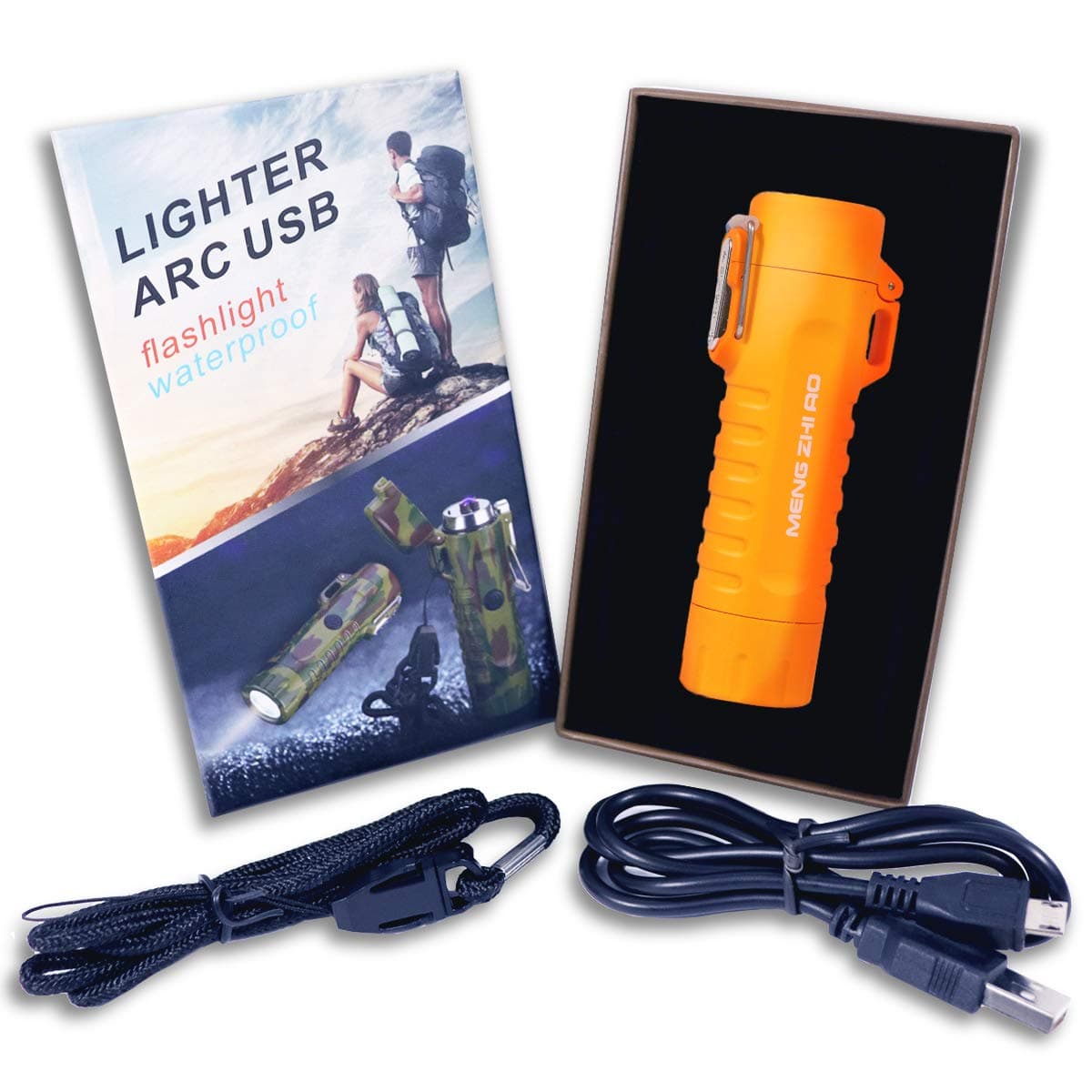 Outdoor Waterproof Lighter Double Arc Plasma Lighter with LED Bright Flashlight USB Rechargeable Lighter Windproof Flameless Lighter Prefect for Camping Hiking Fire Starter (Orange)