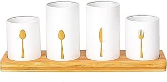 Innoteck 4pc Kitchen Cutlery Holder Set - Modern Farmhouse Kitchen Décor - Natural Bamboo - White Utensil Crock - Vintage Organizer - Tool Caddy - Countertop Storage