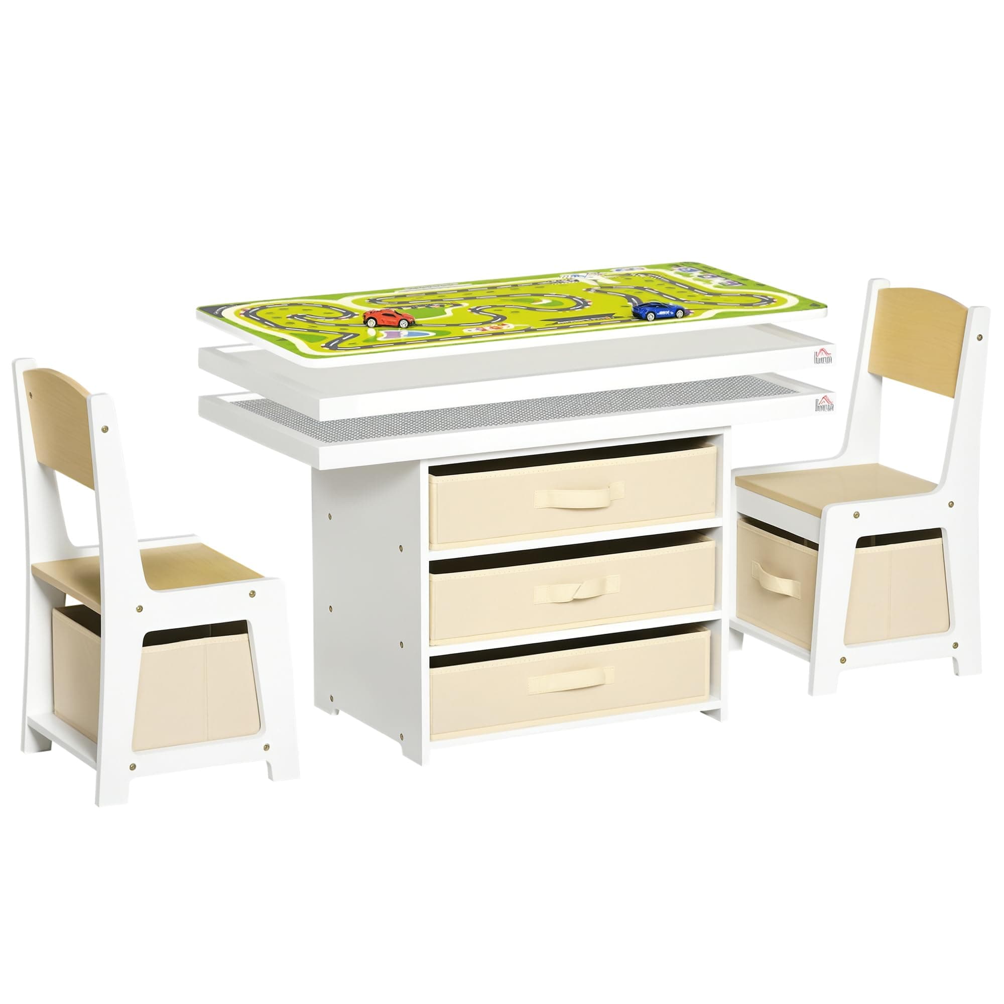 Qaba 3-in-1 Kids Activity Table and Chairs Set with 3 Surfaces for Drawing, Lego Building, Road Map with 2 Cars, Storage Baskets, Toddler Activity Table for Preschool Children