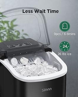 Ice Maker Countertop, 9 Cubes Ready in 6 Mins 26lbs in 24Hrs, Self-Cleaning Ice Machine with Ice Scoop and Basket, 2 Sizes of Bullet Ice for Home Kitchen Office Bar Party, Black