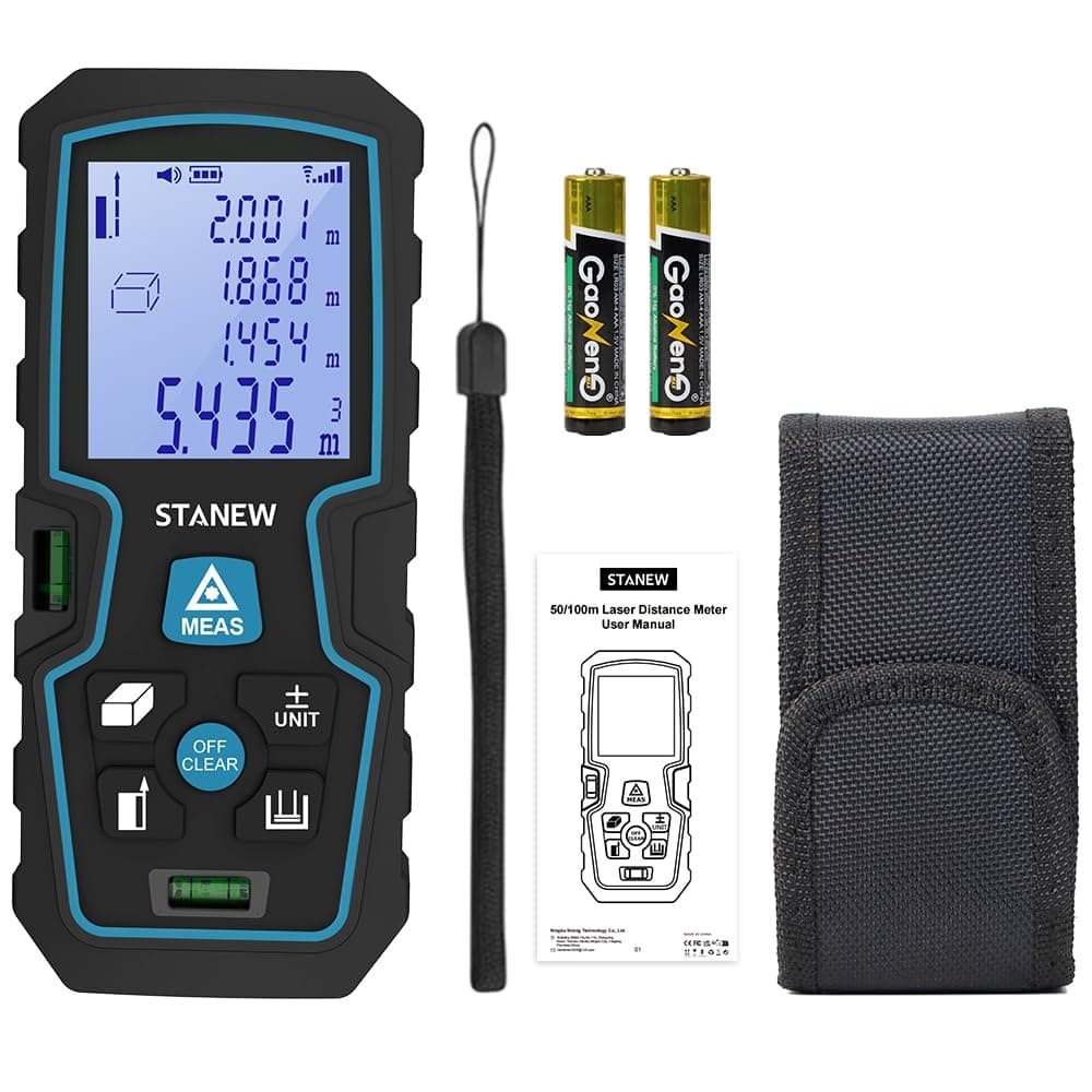STANEW Portable Digital Laser Rangefinder,Laser Measuring Tool with 2 Bubble Levels, Length/Area/Volume Theorem Measurement/Choke's Theorem, with LCD Backlight, 2* Batteries, IP54,