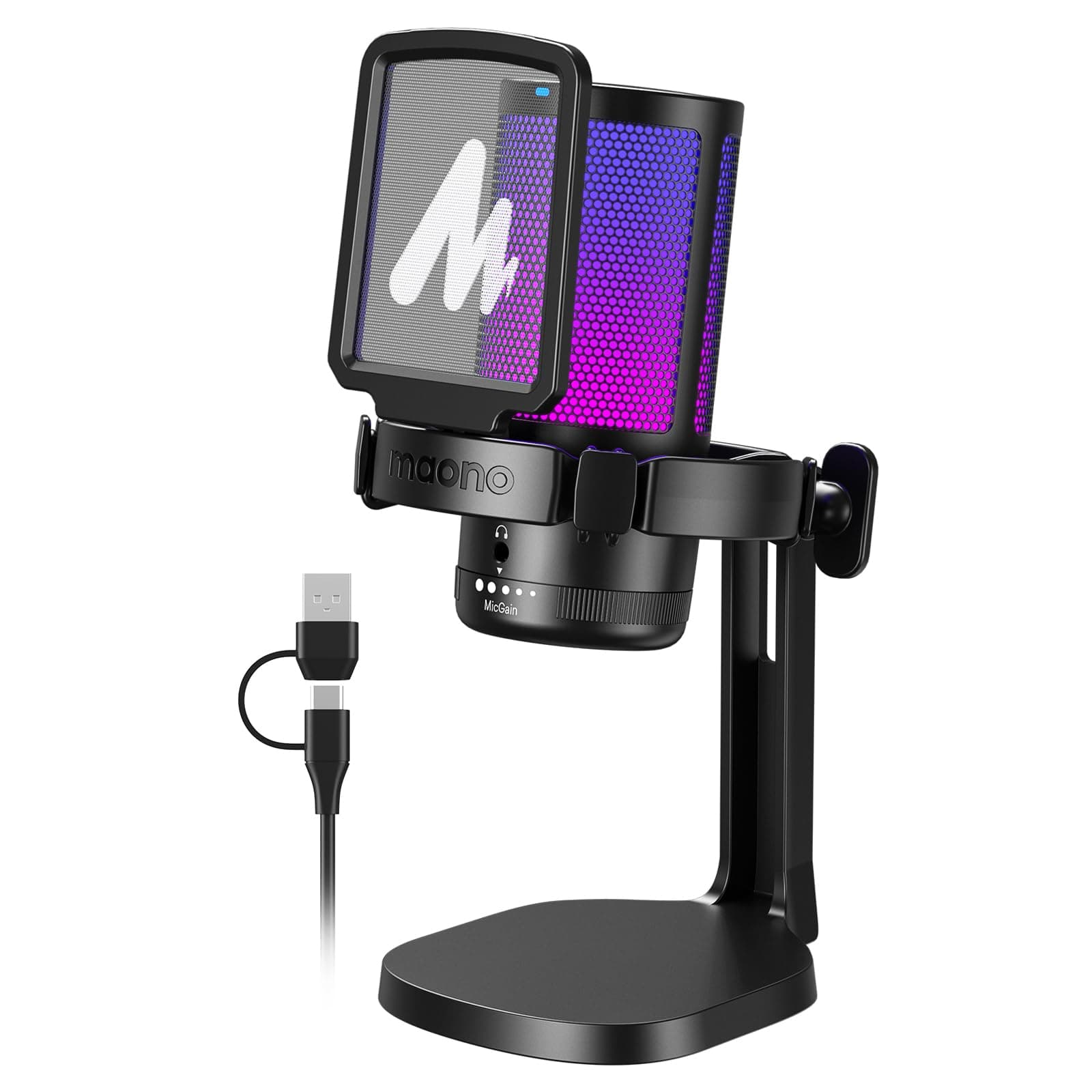 MAONO USB Condenser Microphone, Gaming Microphone, Noise Cancelling, PC Microphone, Mute Button, Unidirectional, RGB Lighting, Volume Control, Plug & Play, Computer Microphone, Game Streaming, Live