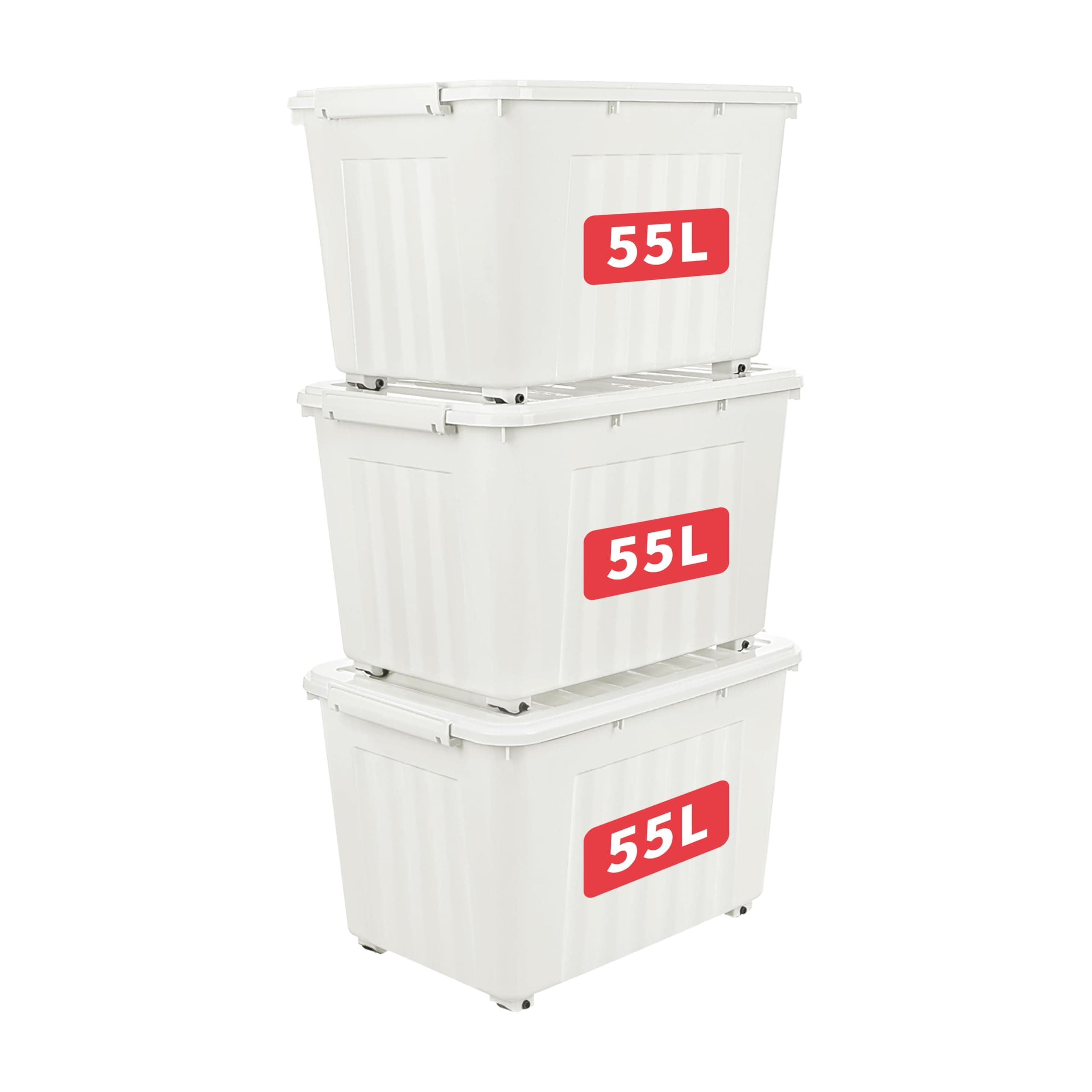 Cetomo 55L*3 Plastic Storage Box,White, Tote box, Organizing Container with Durable Lid and Secure Latching Buckles, Stackable and Nestable, 3Pack, with Buckle