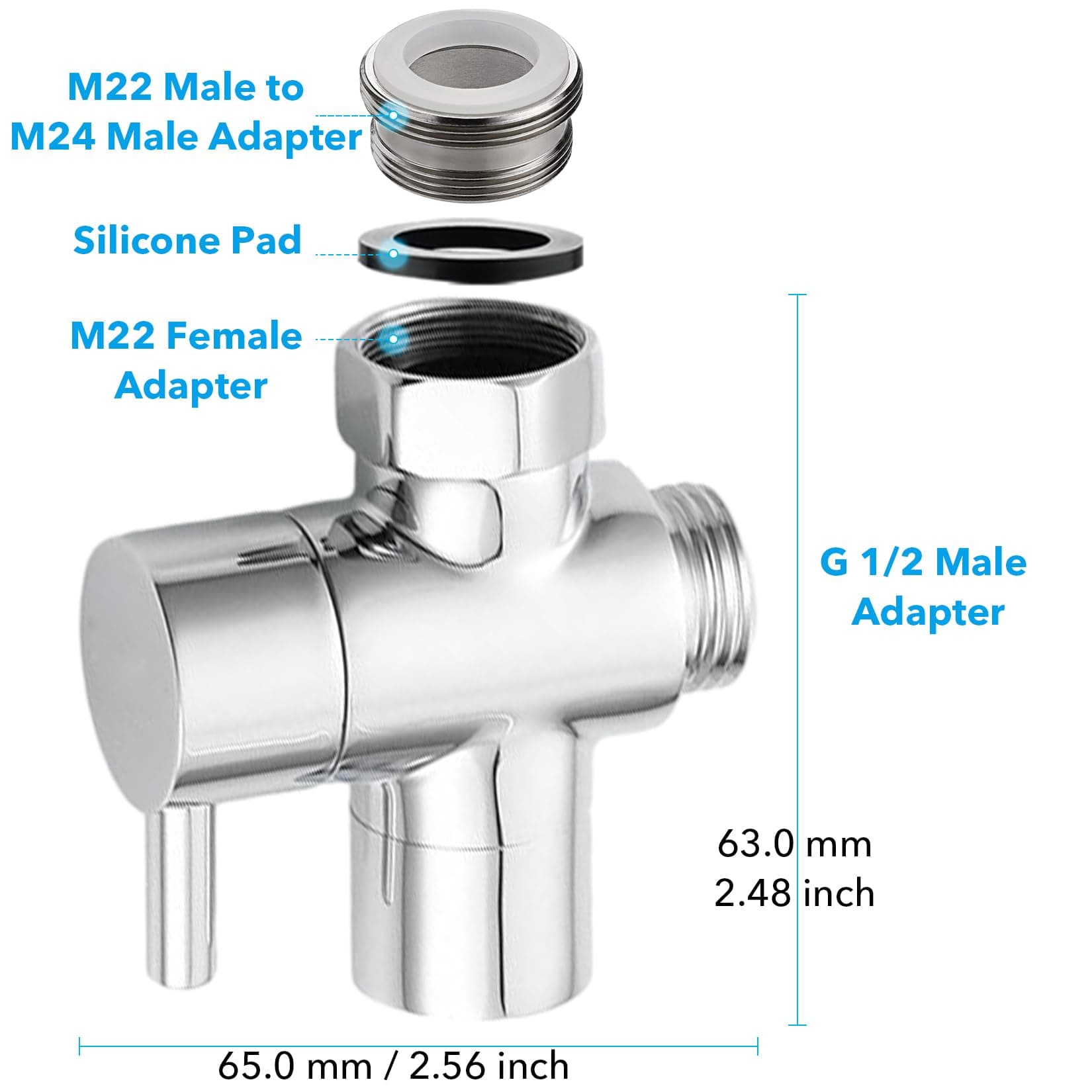 3 Way Shower Diverter Valve, Solid Brass Shower Diverter Valve, Sink Valve Diverter Faucet Splitter for Kitchen or Bathroom, with M22-M24, M22-G1/2 Adaptor, Sliver