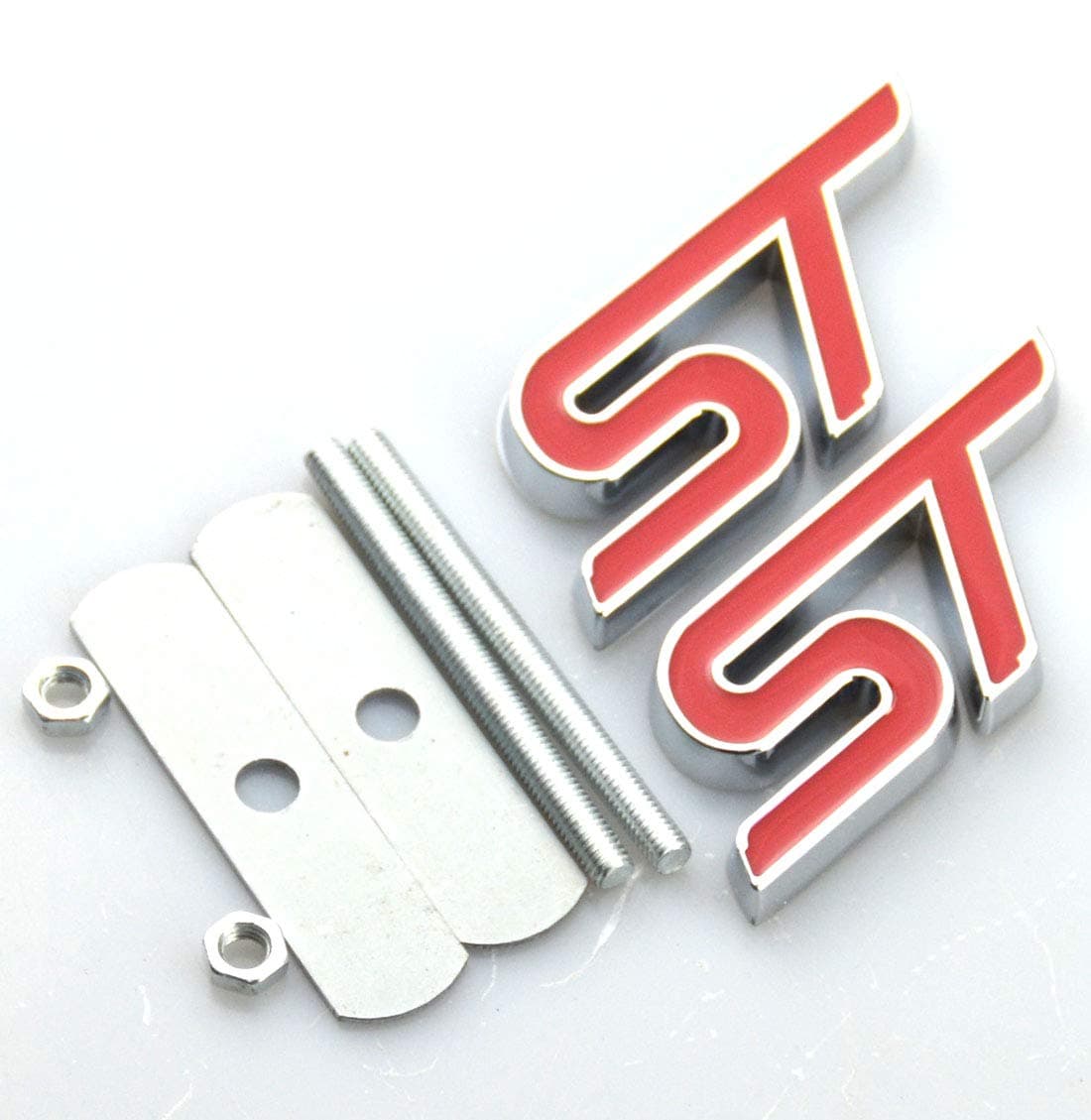 2pcs ST Grille Emblems, Metal Decal Badge + Back Sticker Replacement for Universal Cars (Red)