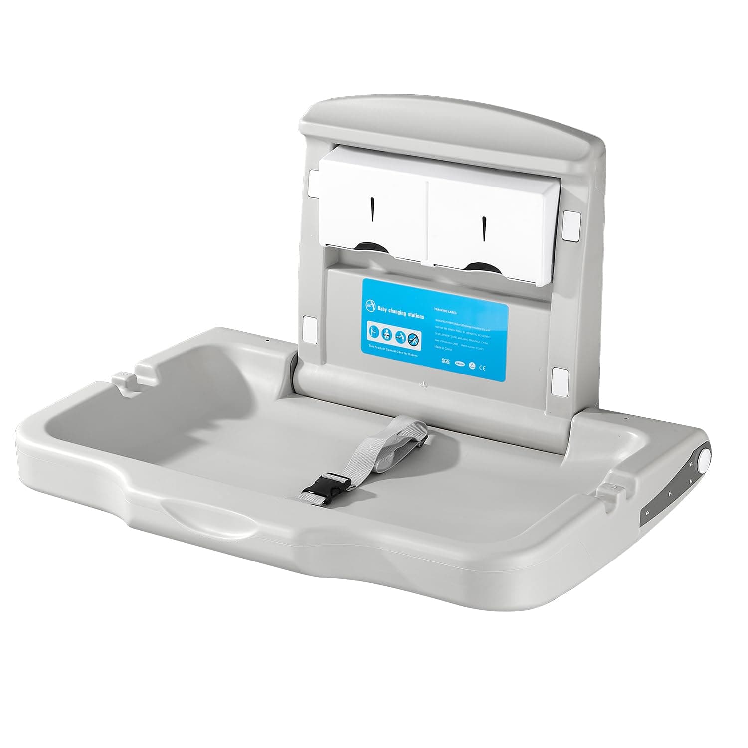 Fold-Down Baby Changing Diaper Station - Horizontal Wall Mounted Sturdy & Durable with Safety Straps for Commercial Bathrooms(1 White Granite)