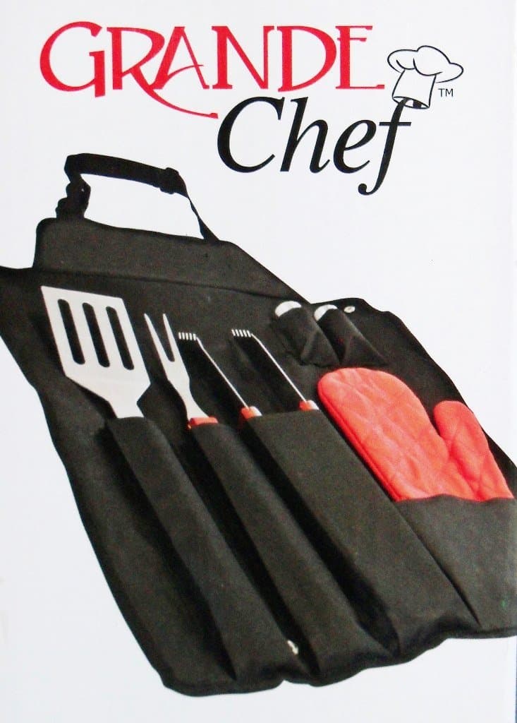 Grande Chef 7 Pc. BBQ Apron Set - BBQ07 - 600D Nylon Apron, Oven Mitt, Sure Grip Tongs, BBQ Fork, Slotted Spatula, Salt & Pepper Shakers