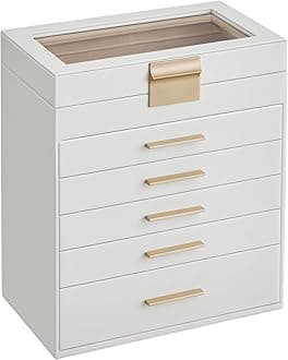 SONGMICS GISELLA Collection - Jewelry Box Organizer, 6-Layer Jewelry Storage with 5 Drawers, Shiny Metal Hardware, Glass Lid, Modern, 6.4 x 9.9 x 11.4 Inches, Cloud White and Gold Color UJBC171W01