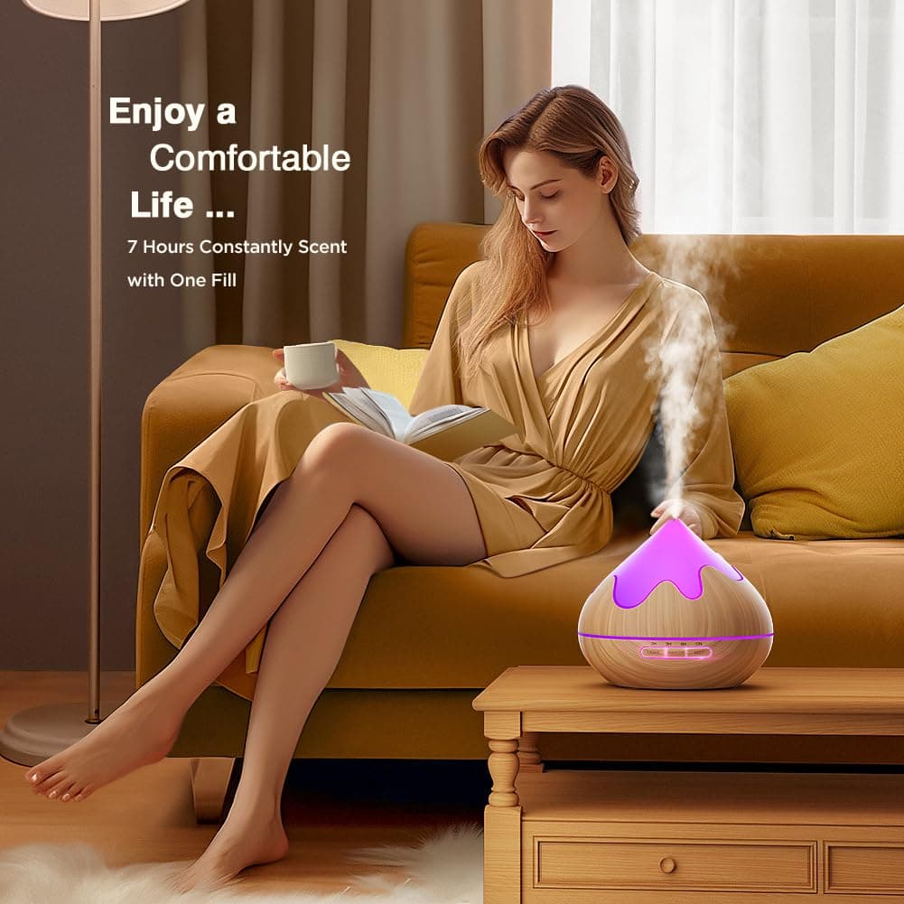 Huinnethrey 500ml Essential Oil Diffusers with Top 8 Oils Gift Set, Aroma Diffuser with Remote Control, Ultrasonic Humidifier for Home Office, Waterless Auto Shut-Off, 4 Timers, 15 Colors, Yellow