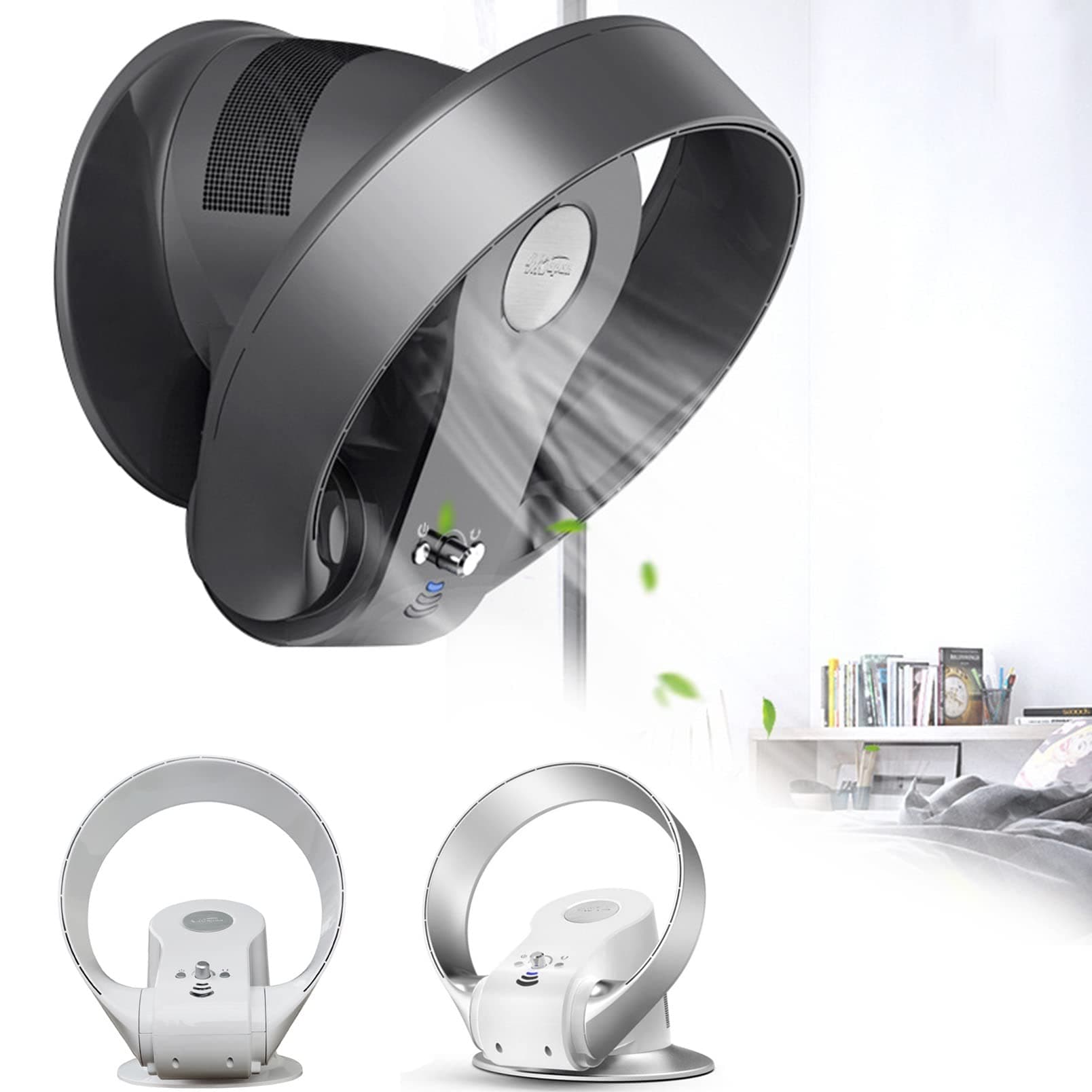 14″ Bladeless Fan Wall Mounted Fan/26w/remote Control/Timer/Bladeless Desk Fan/7 Speed/Quiet Cooling Air (Color : Black)