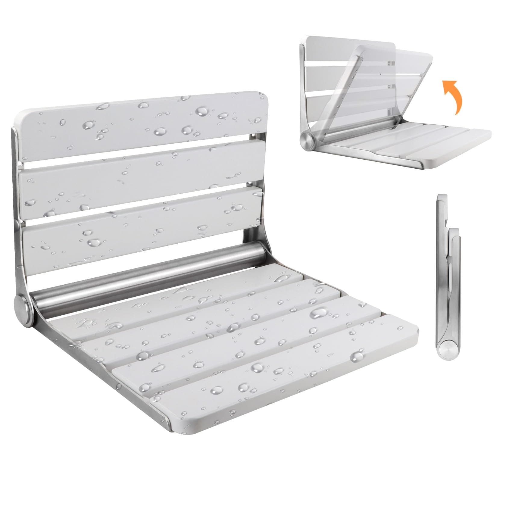 Teak Folding Shower Seat Wall Mounted, 16" Foldable Shower Bench, 400lbs Max Load, Space-Saving Fold Down Design for Seniors, Elderly & Small Shower Spaces (White, 16 inchs)