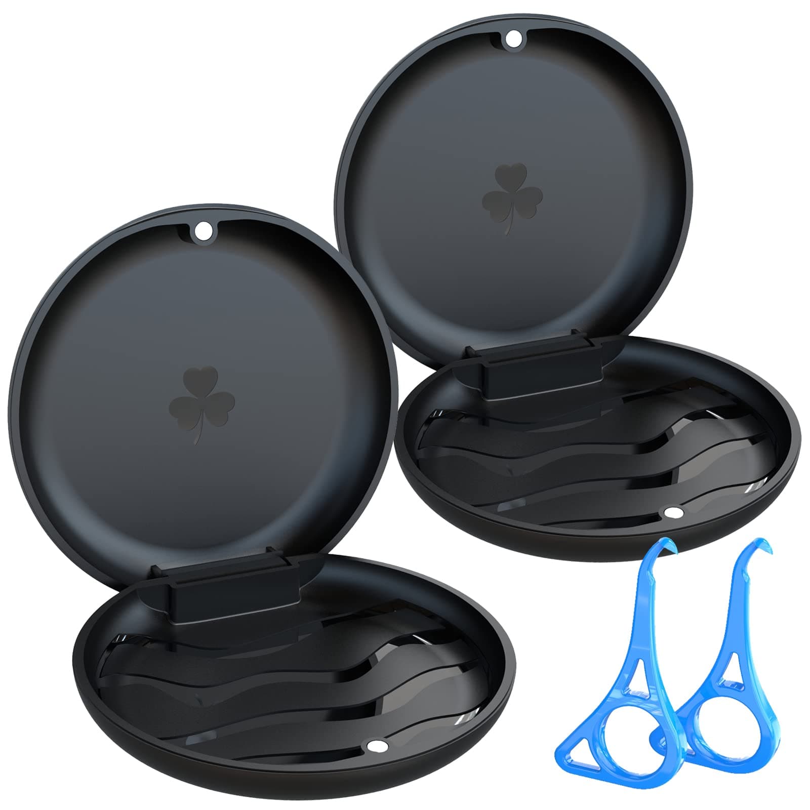 BVN Retainer Case with Aligner Removal Tool (2 Pack), Portable Mouth Guard Case & Denture Box, Slim Orthodontic Retainer Container for Invisalign and Mouthguards, Includes 2 Aligner Hooks - Black