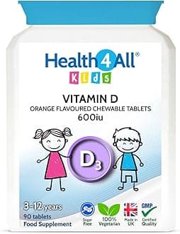Health4AllKids Vitamin D3 600iu Chewable 90 Tablets (V). Sugar Free. Natural Orange Flavour. Made Kids