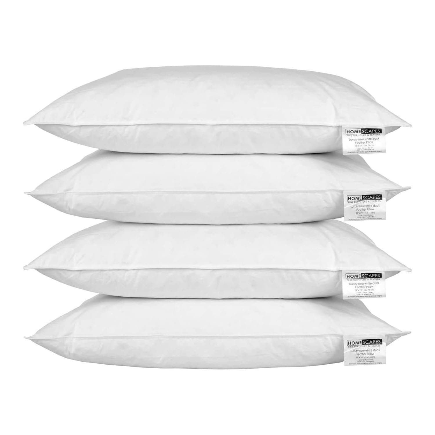 White Duck Feather Pillow Pack of 4 Pillows (Set of 2 Pairs) - Machine Washable - Hypo Allergenic & Anti Dust Mite RDS Certified.