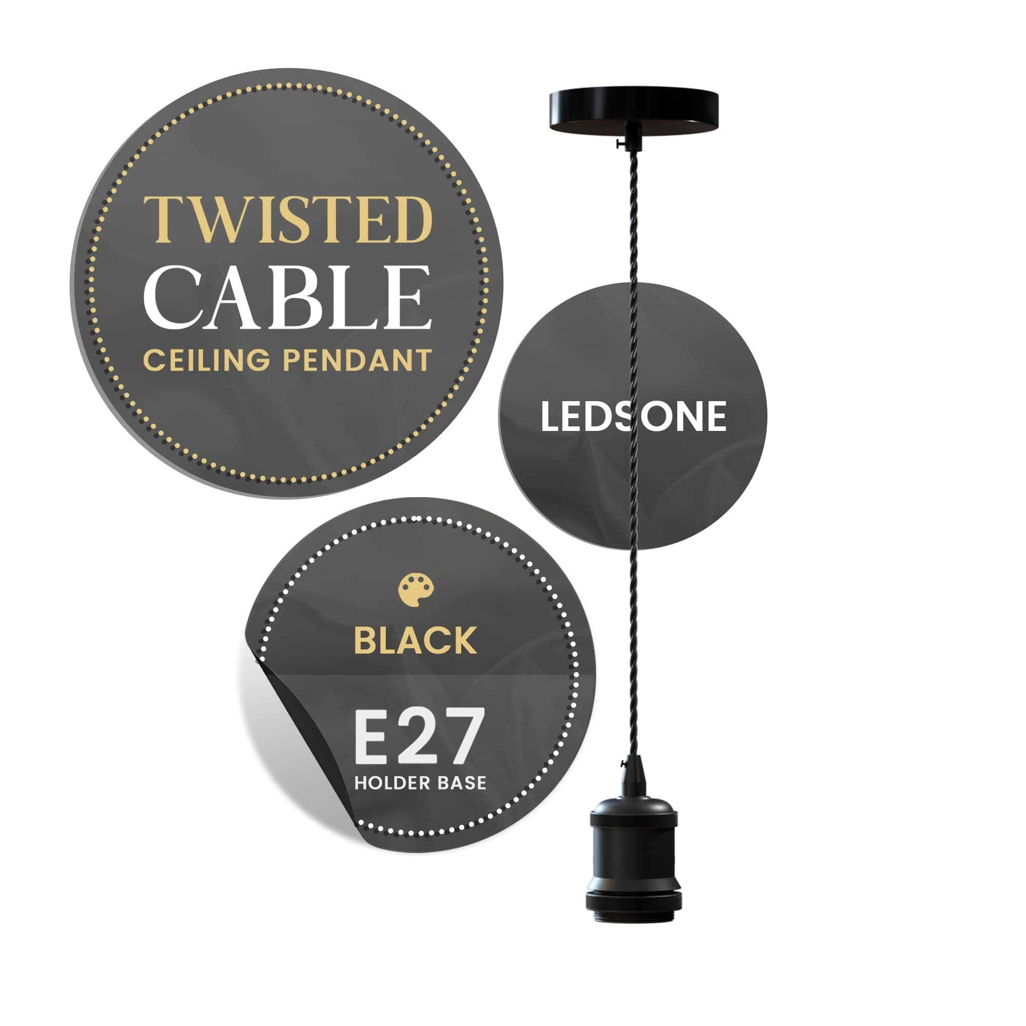 LEDSone Vintage Matt Black E27 Pendant Light Fitting with 1m Twisted Braided Cable – Ceiling Lamp Holder for Kitchen Bar Loft