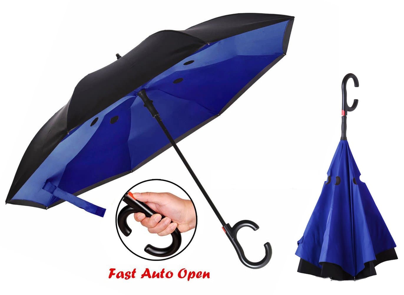 Automatic Windproof Double Layer Inverted Umbrella Quick Dry Travel Straight Umbrella with Circular Cutout Pattern Waterproof UV Protection Self Standing with C-Shaped Hands Free Handle (Blue)