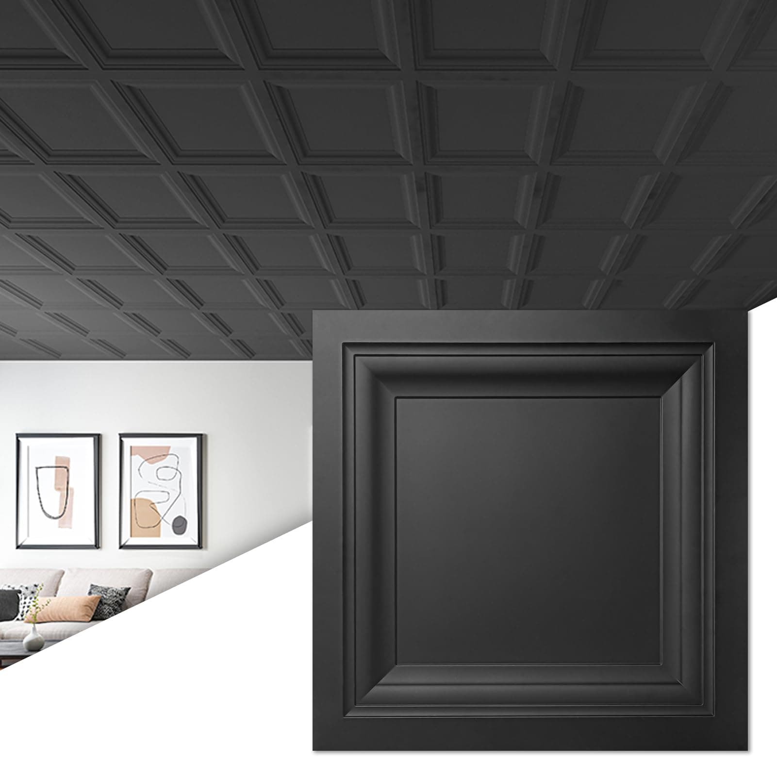 Art3d 12-Pack Square Black Drop Ceiling Tile 2ft x 2ft, PVC Ceiling Panel 24 x 24in.