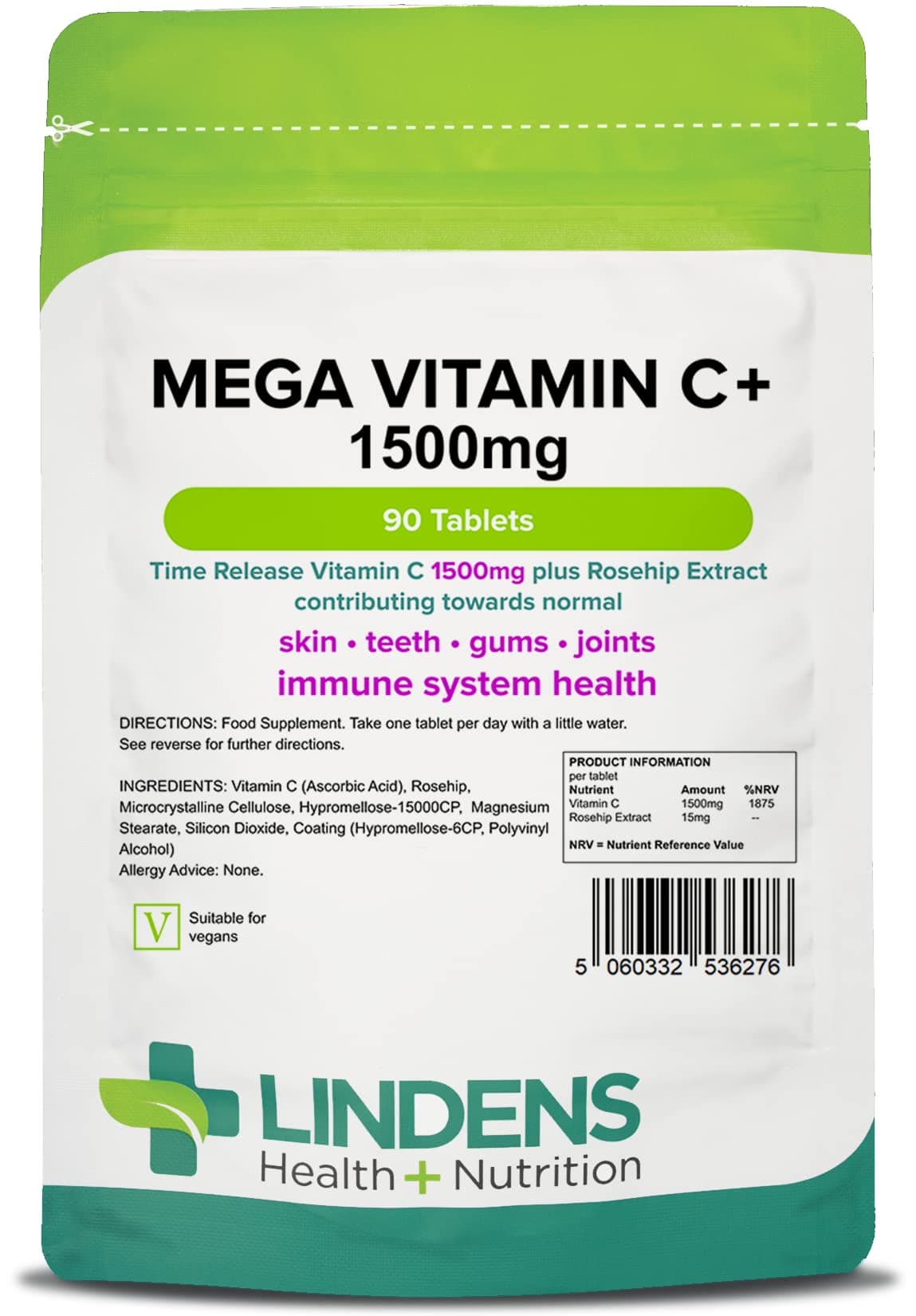 Lindens Vitamin C+ 1500mg (Time Release) - 90 Tablets - Immune System, Skin, Teeth, Gums & Joint | High-Strength (1875% NRV) | 3 Months Supply, Vegan - Letterbox Friendly