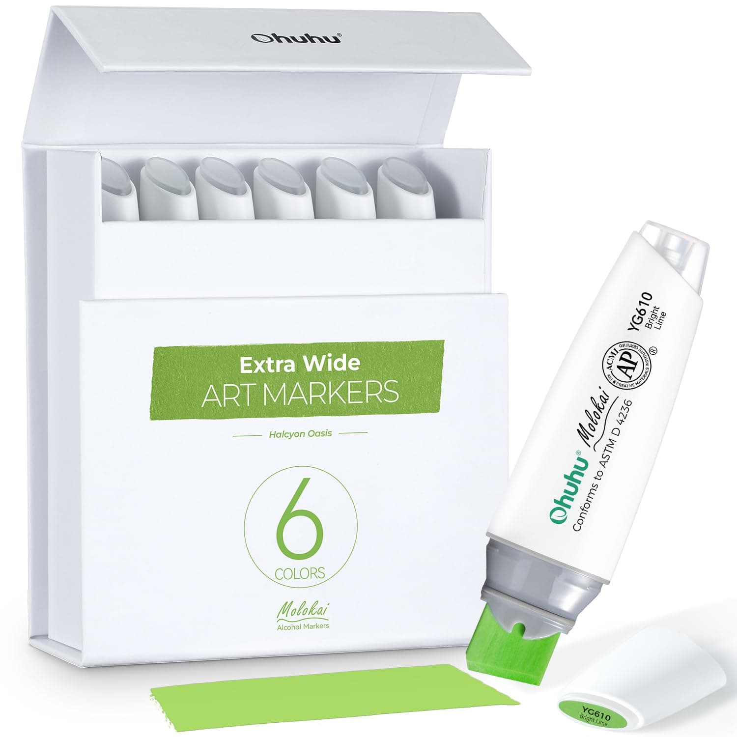 Ohuhu Alcohol Markers Extra Wide Broad Tip - Refillable Ink- 6 Colors of Halcyon Oasis - 1-19mm Nib Calligraphy Markers for Background Poster Design Renderings Large Areas Coloring Molokai